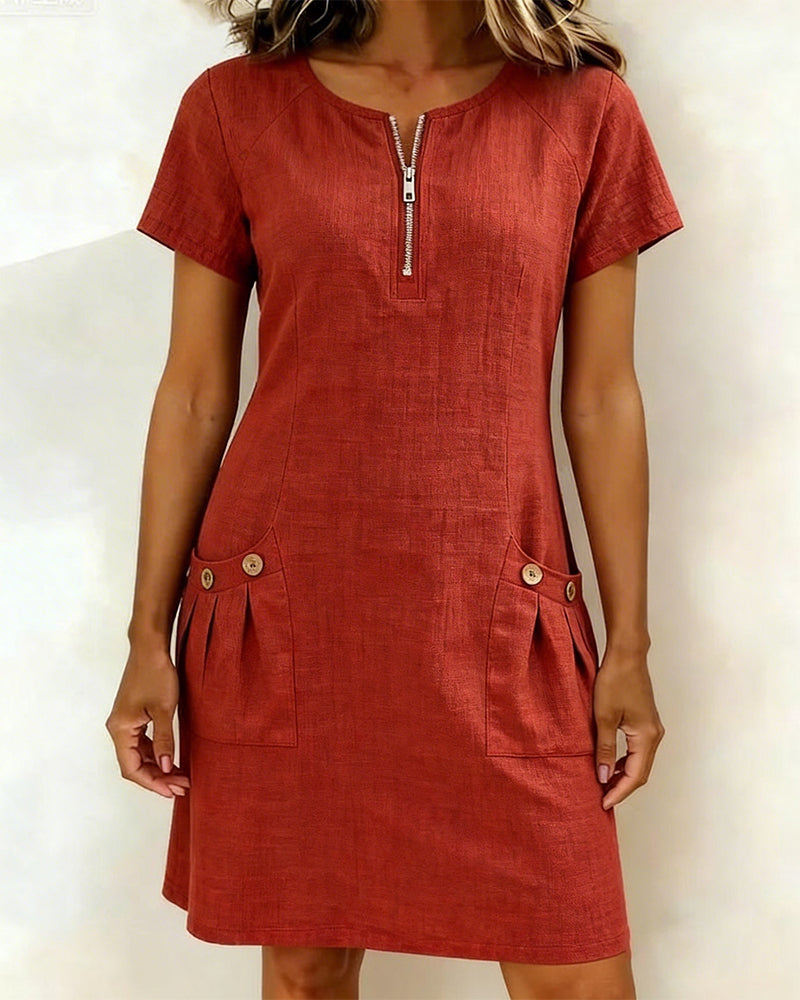 Women's Cotton Relaxed Dress with Front Zipper in Red