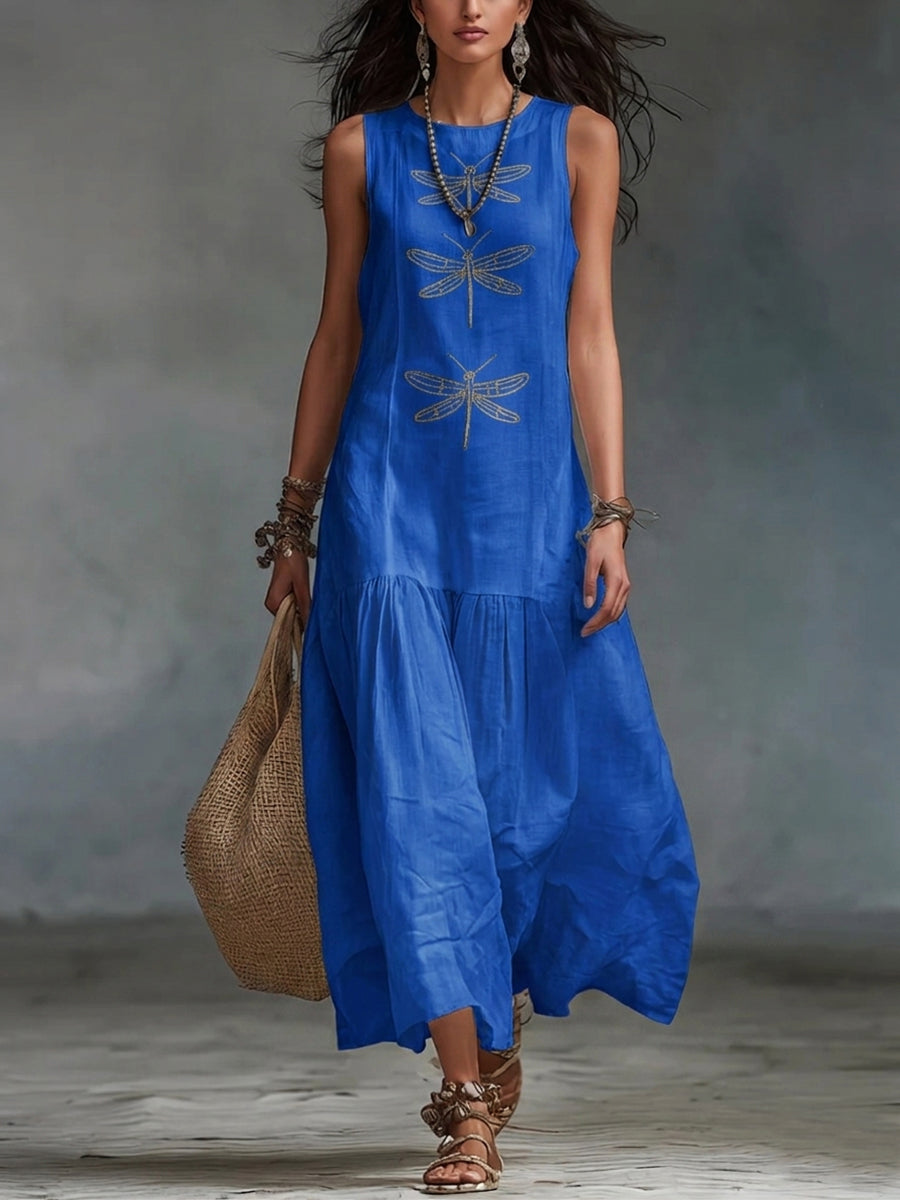 Women's Sleeveless Cotton-Linen Maxi Dress with Dragonfly Embroidery in Blue