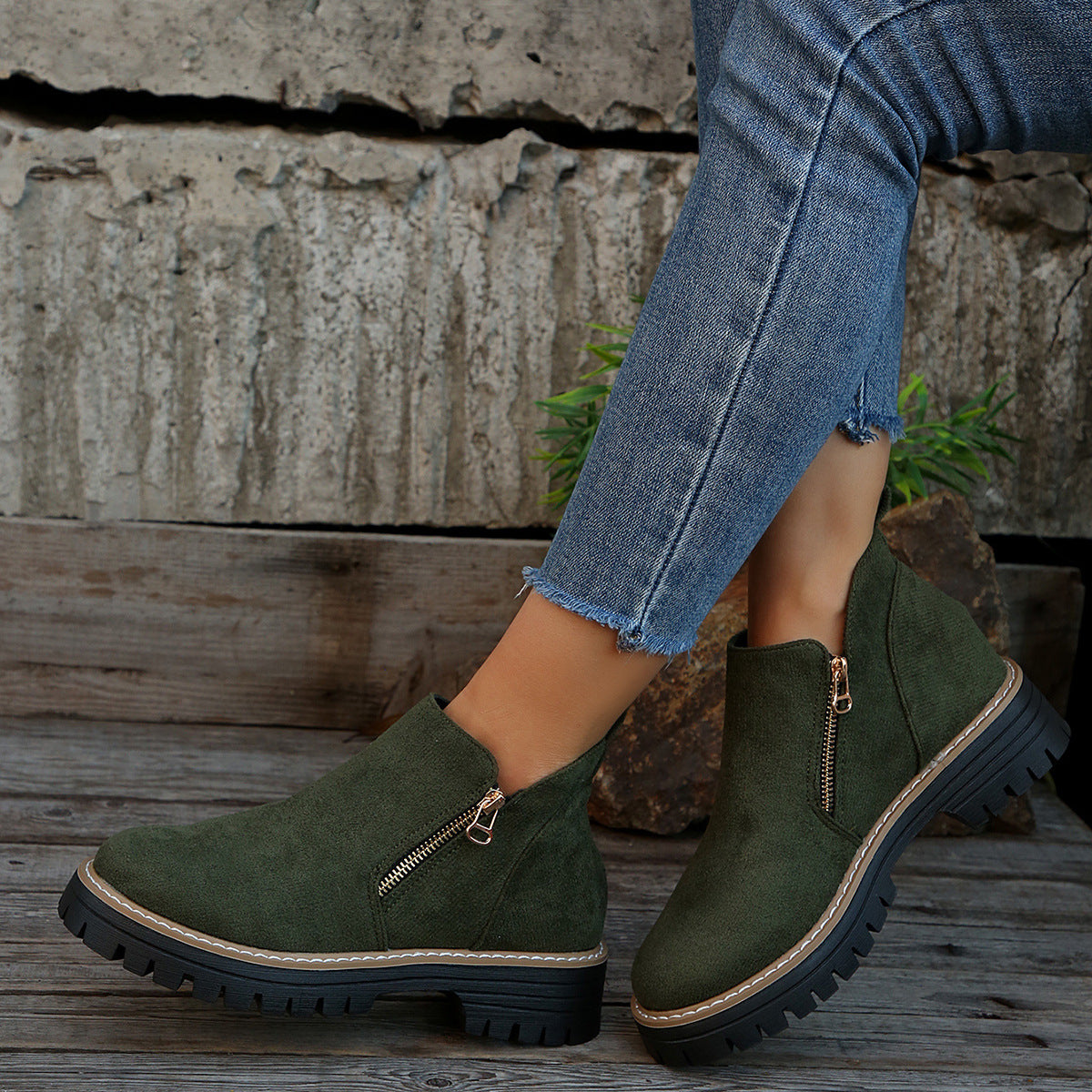 Women's Suede-Style Chunky Lug Platform Ankle Boots with Side Zip in Green
