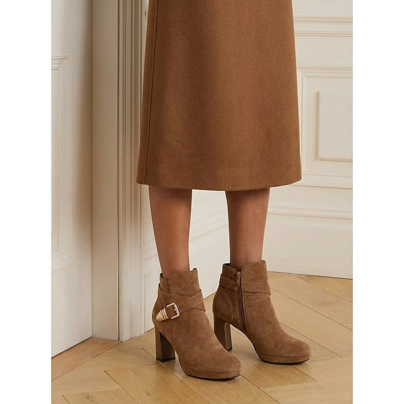 Women's Ankle Boots, Buckle Strap Block Heel Round Toe Booties