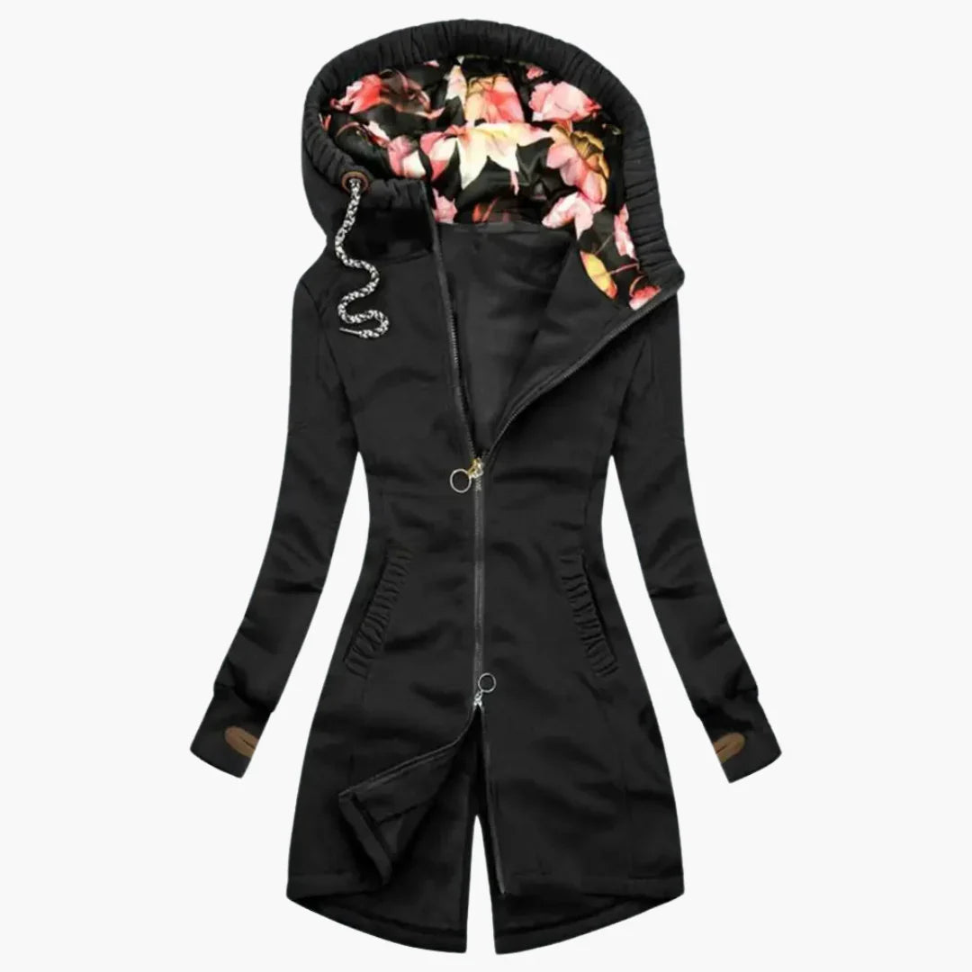 Women's Longline Water-Resistant Windbreaker with Floral-Lined Hood in Black