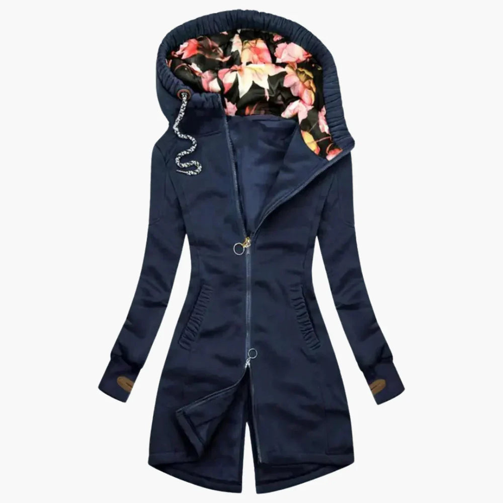 Women's Longline Water-Resistant Windbreaker with Floral-Lined Hood in Blue