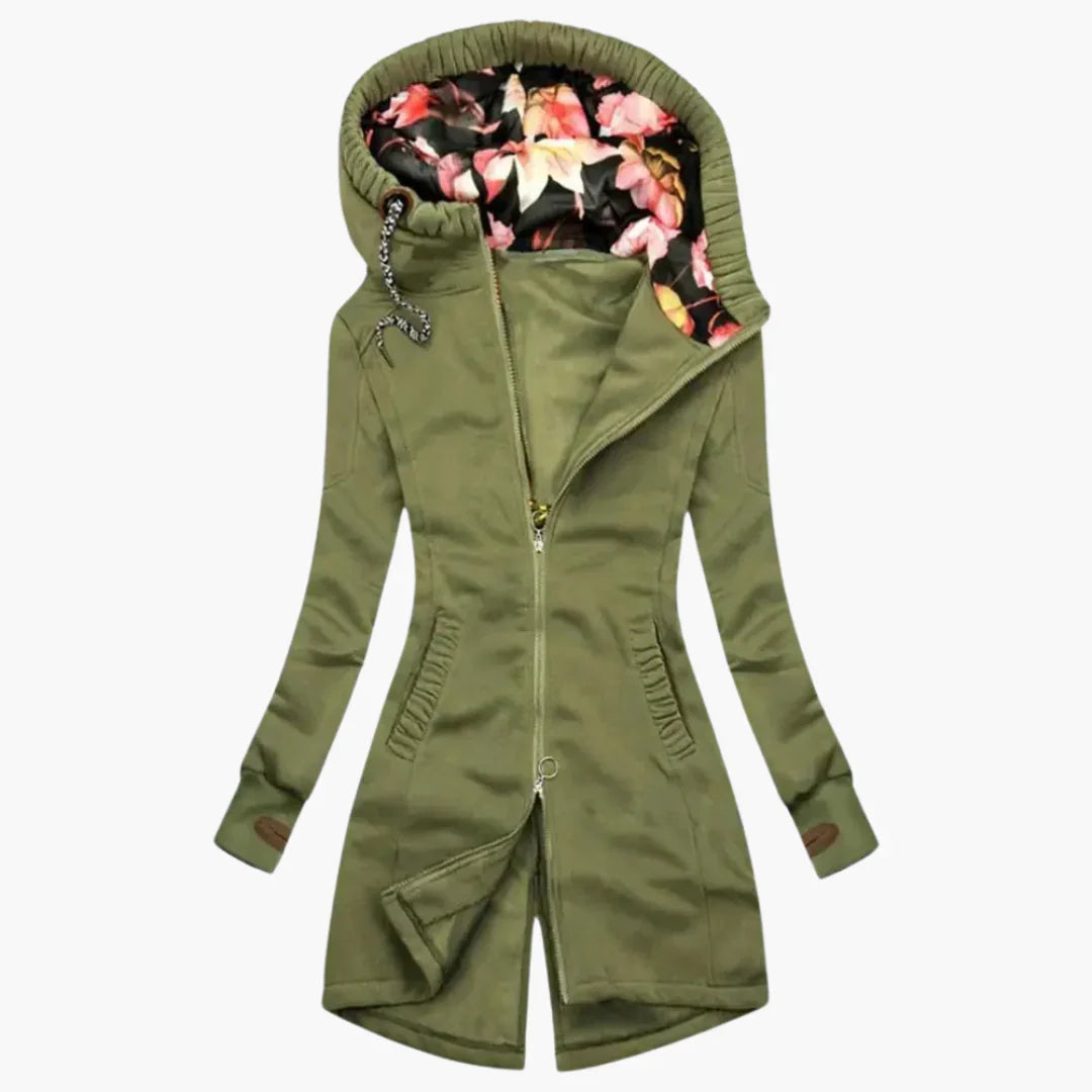 Women's Longline Water-Resistant Windbreaker with Floral-Lined Hood in Green