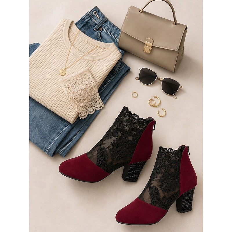 Women's Ankle Boots, Floral Lace Block Heel Booties with Side Zip