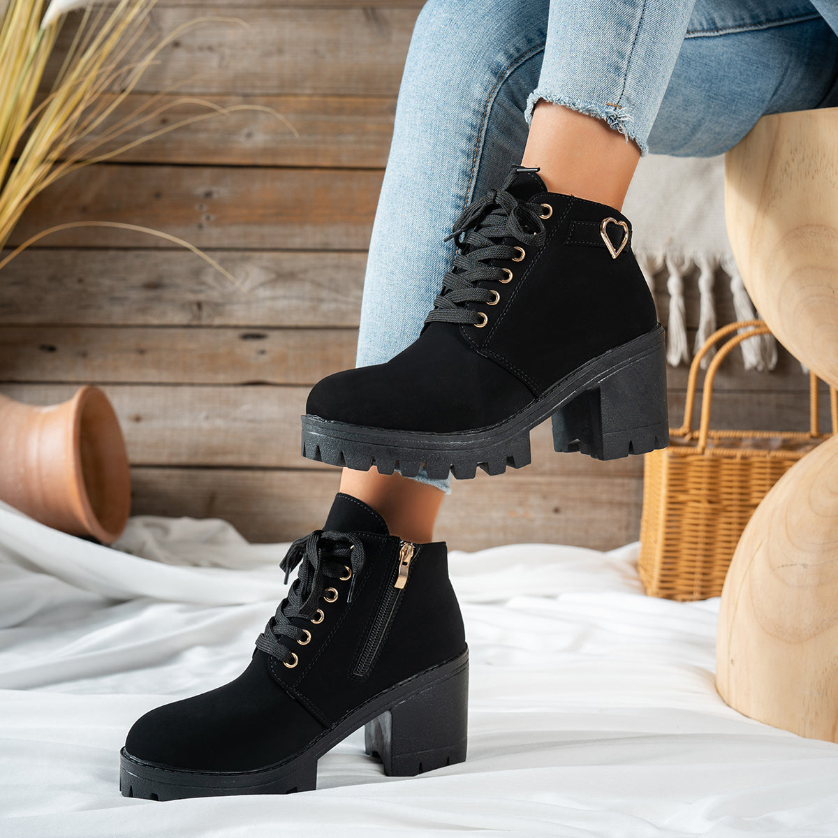 Women's Lace-Up Block Heel Ankle Boots with Heart Hardware, view 5