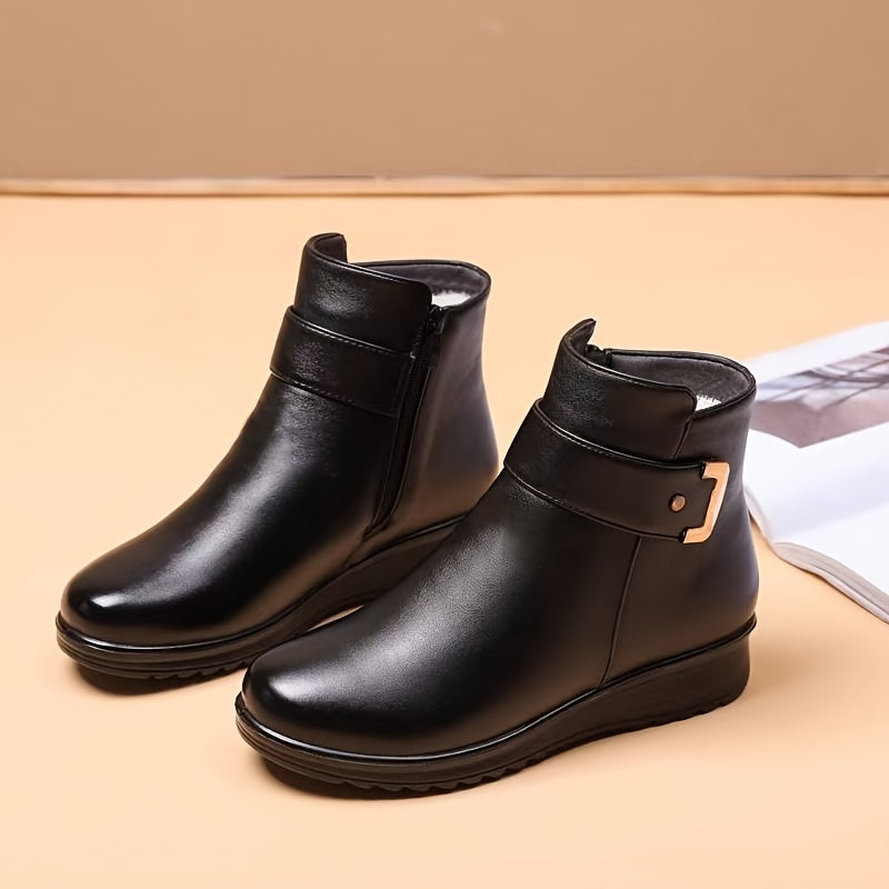 Women's Winter Ankle Boots, Buckle Strap Fleece Lined Flat Booties