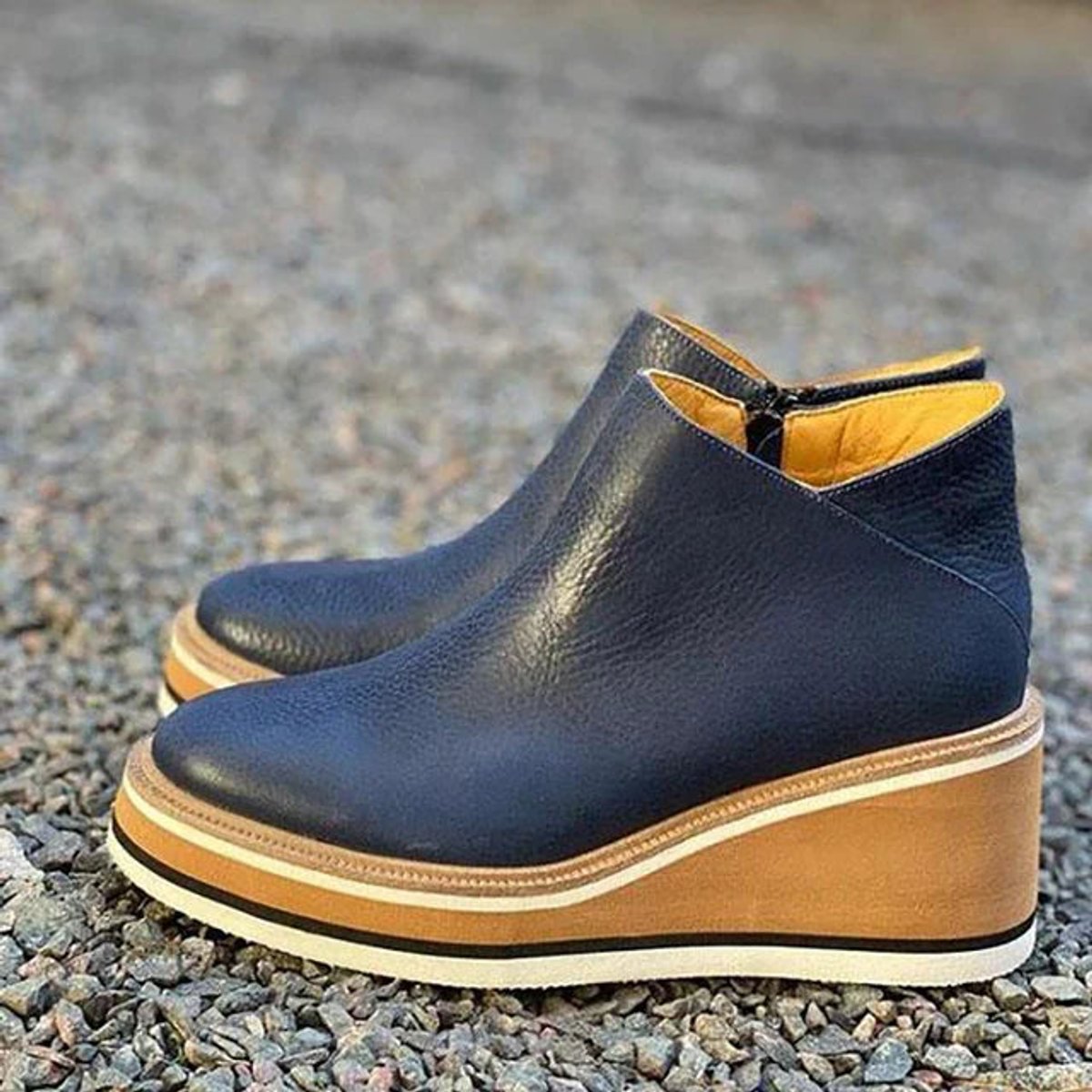 Women's Wedge Platform Zip-Up Ankle Boots with Rounded Toe in Dark Navy
