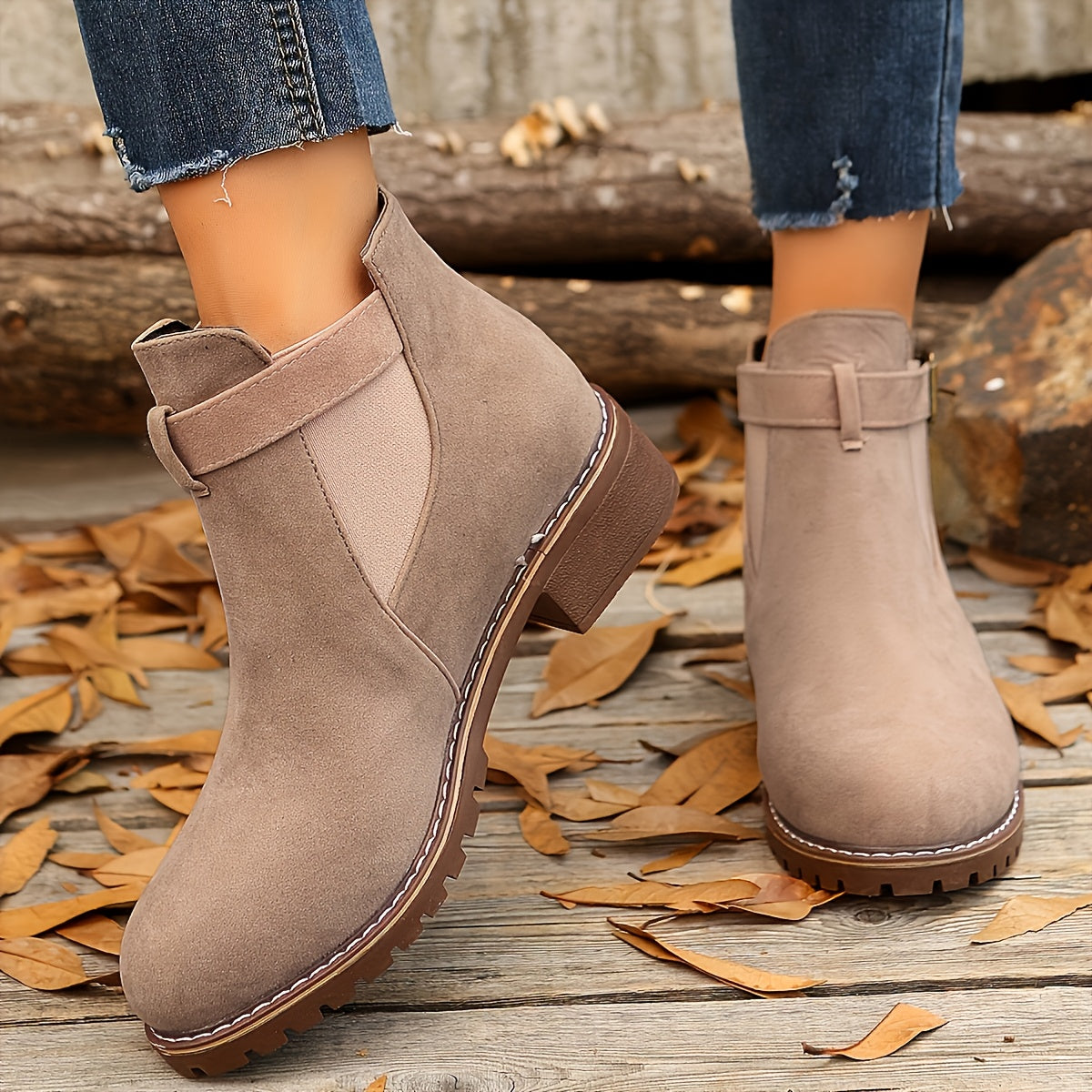 Women's Suede-Like Buckle Strap Chelsea Boots with Low Block Heel, view 3