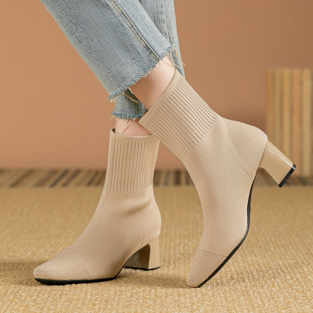 Women's Stretch Knit Sock Ankle Boots with Square Toe and Block Heel, view 10