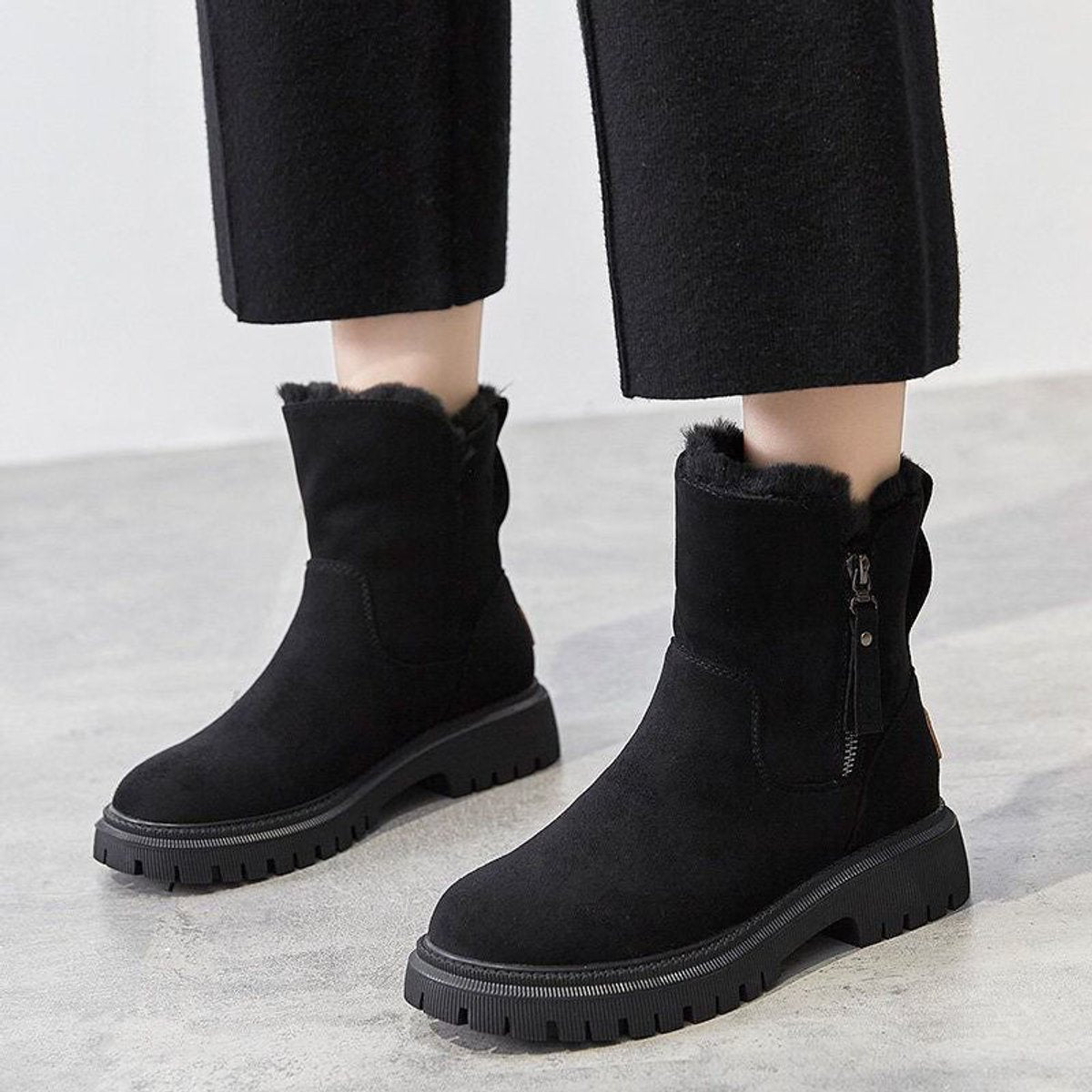 Women's Fleece-Lined Suede Pull-On Ankle Boots with Chunky Sole in Black