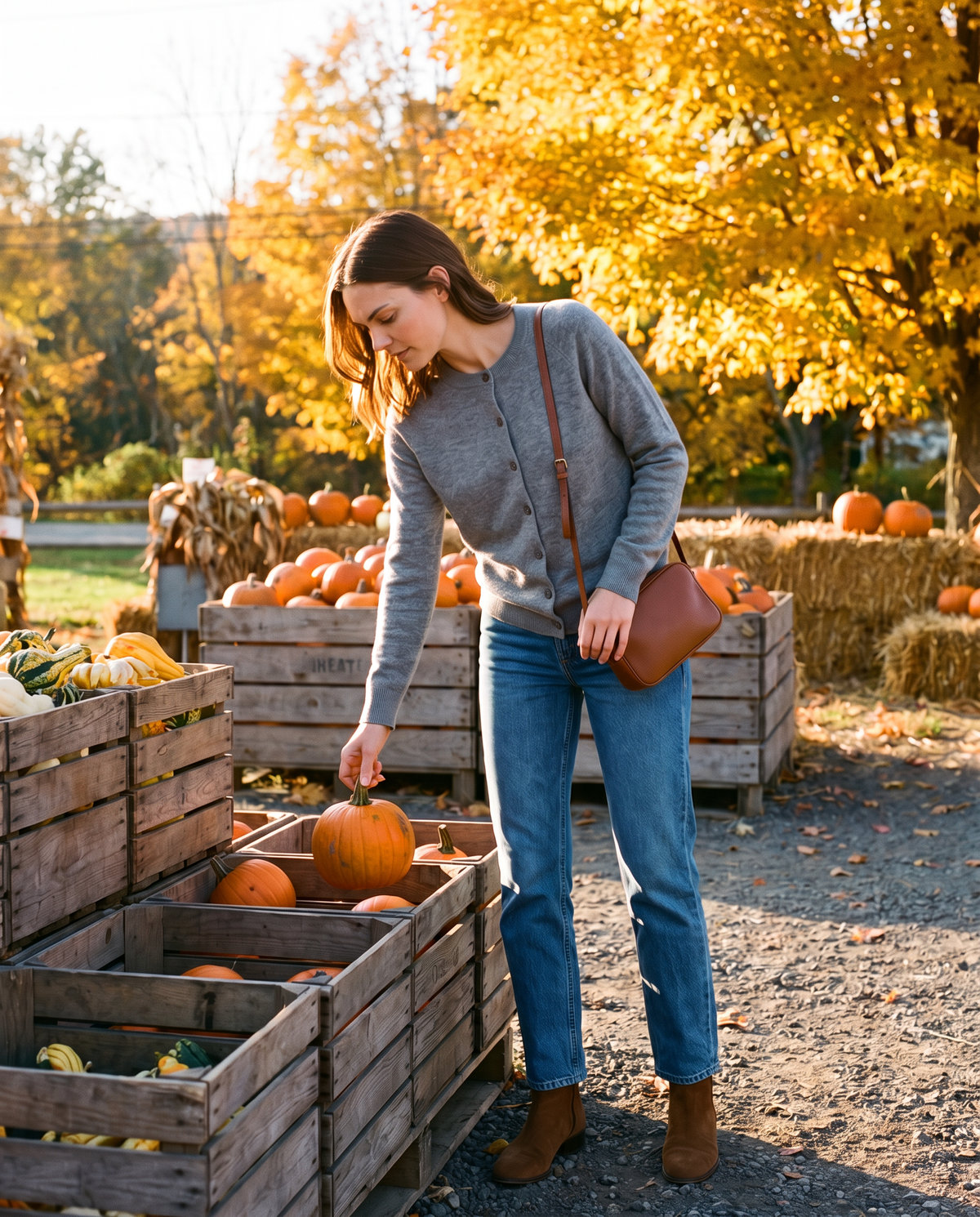 Merino Wool & Cashmere Cardigan — worn at a Hudson Valley pumpkin farm stand in autumn