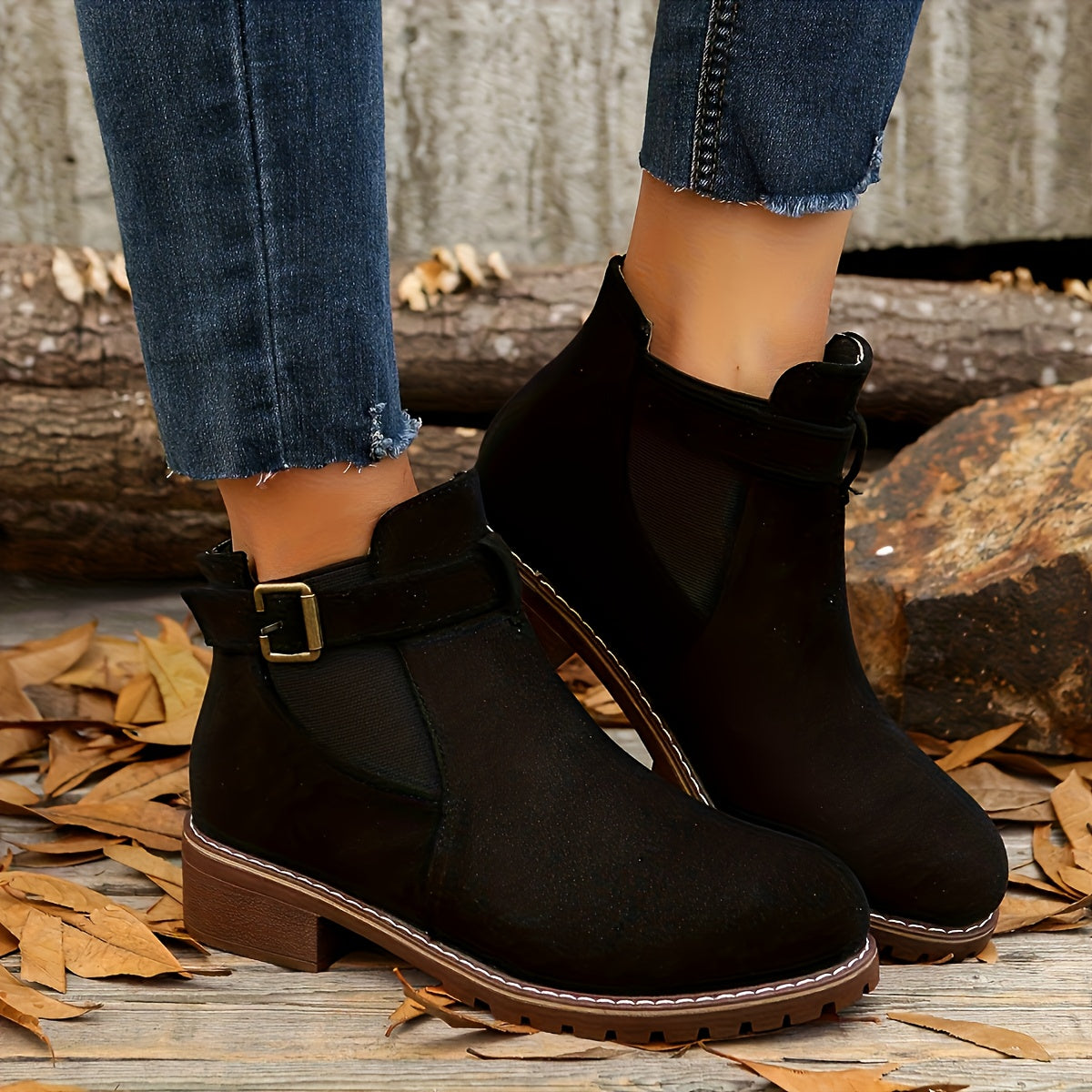 Women's Suede-Like Buckle Strap Chelsea Boots with Low Block Heel in Black