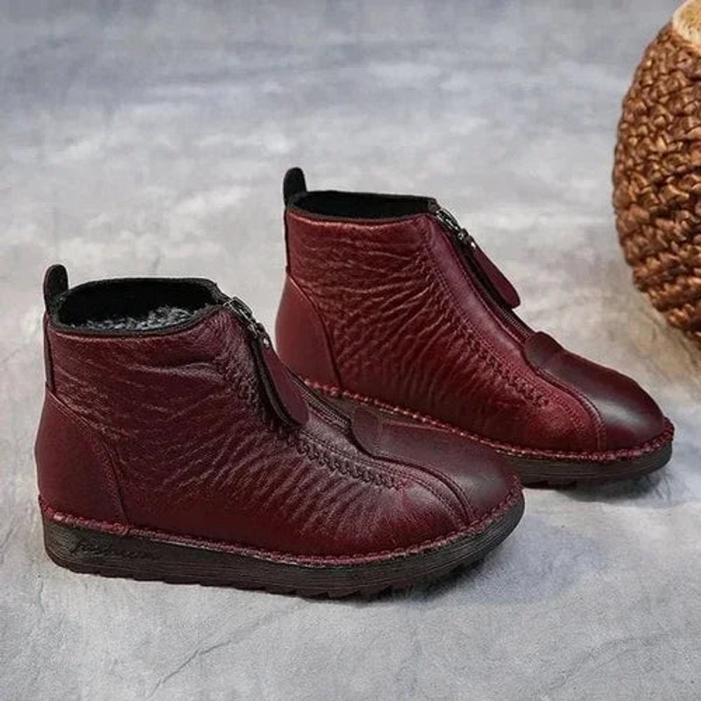 Women's Fleece-Lined Leather Ankle Boots with Slip-Resistant Sole in Red