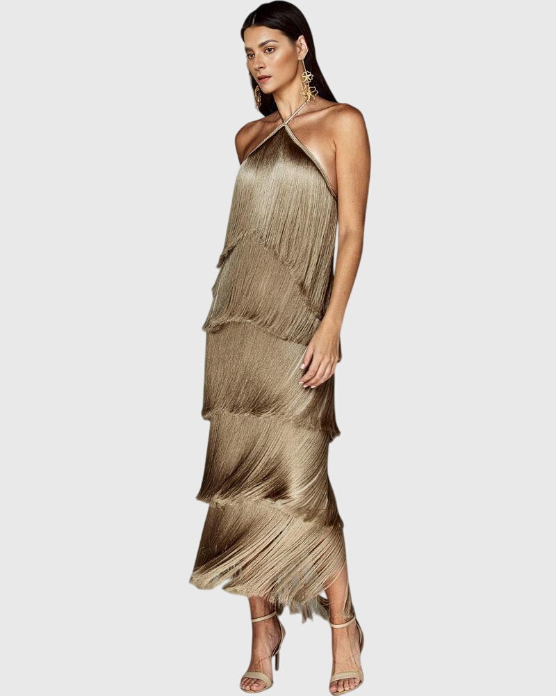 Women's Halter Tassel Party Dress with Open Back in Brown