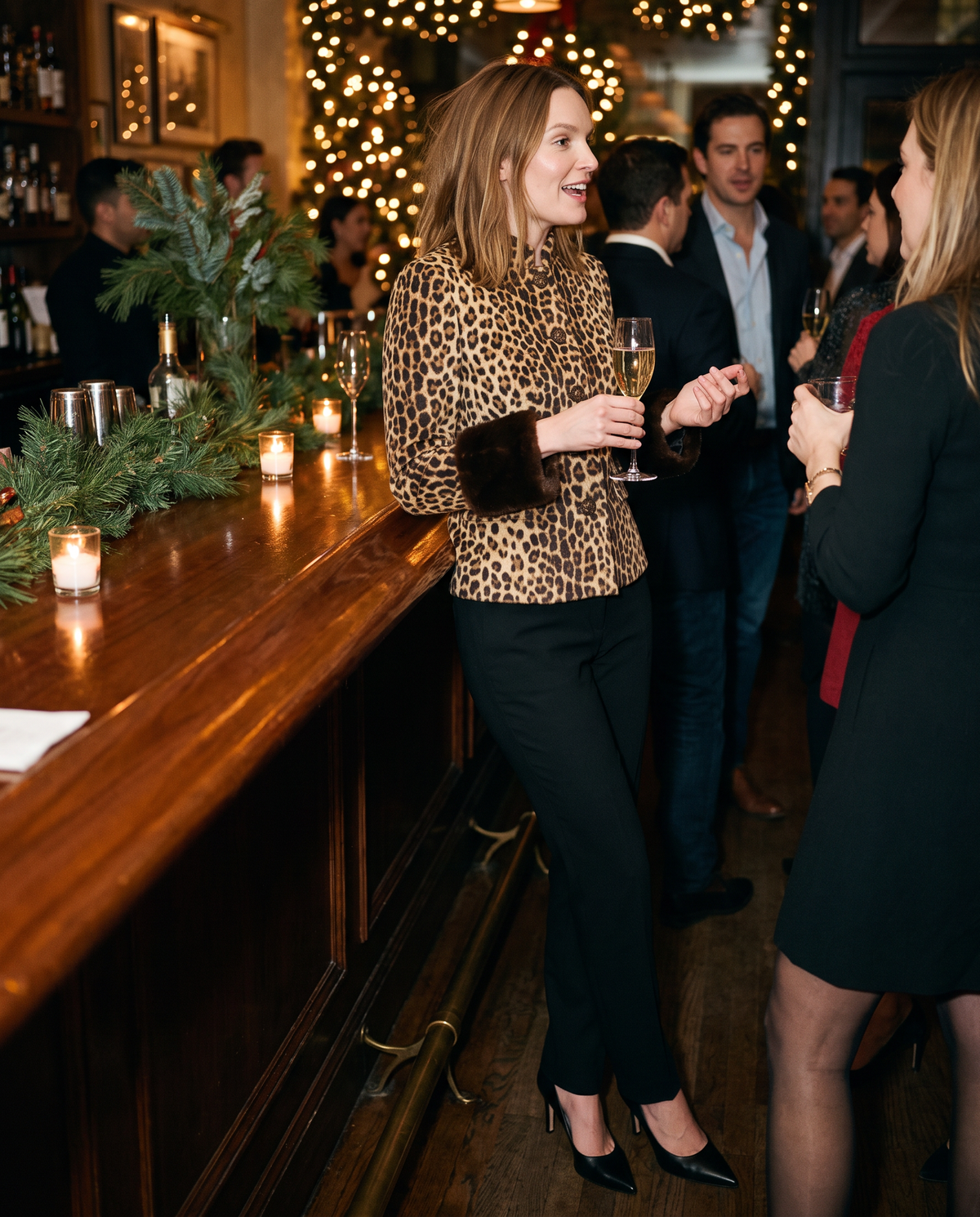 Women's Leopard Print Jacket with Faux Fur Cuffs — worn at a holiday party in a Manhattan restaurant bar