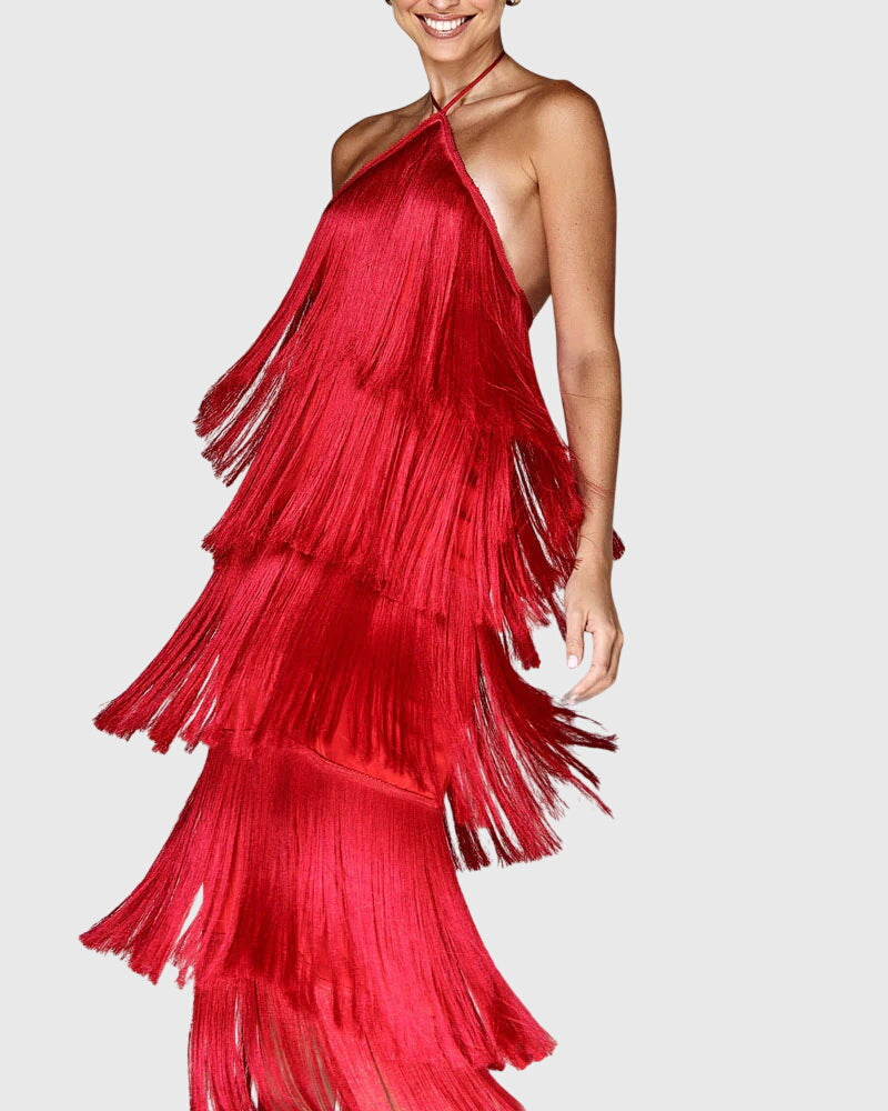 Women's Halter Tassel Party Dress with Open Back in Red