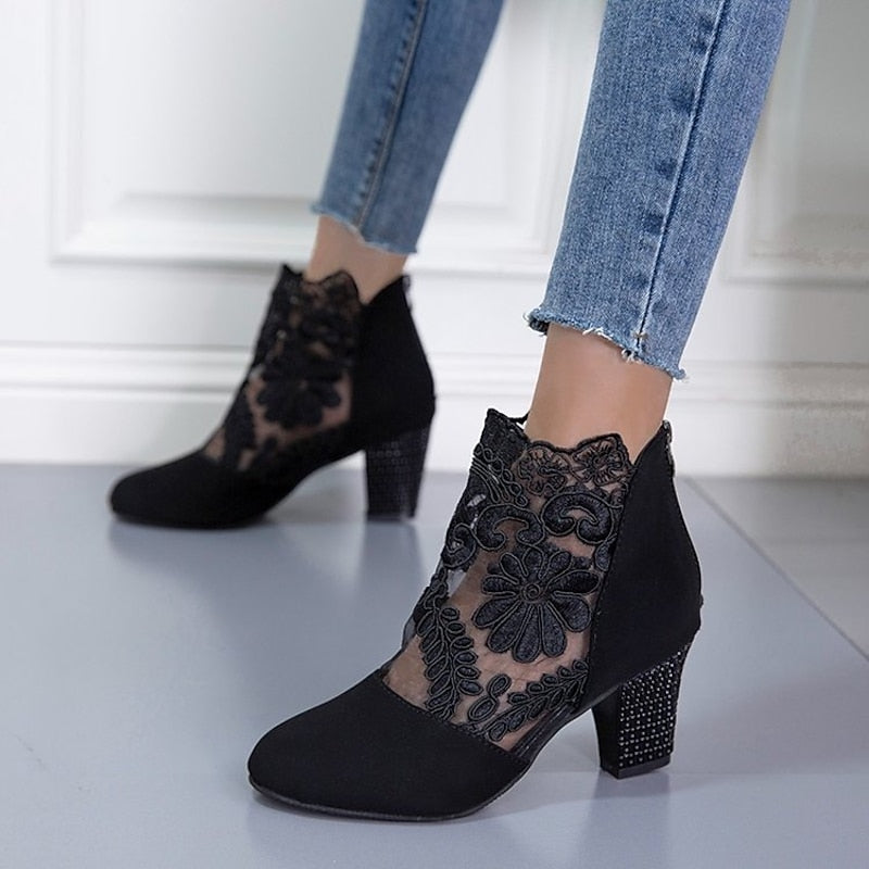 Women's Ankle Boots, Floral Lace Block Heel Booties with Side Zip