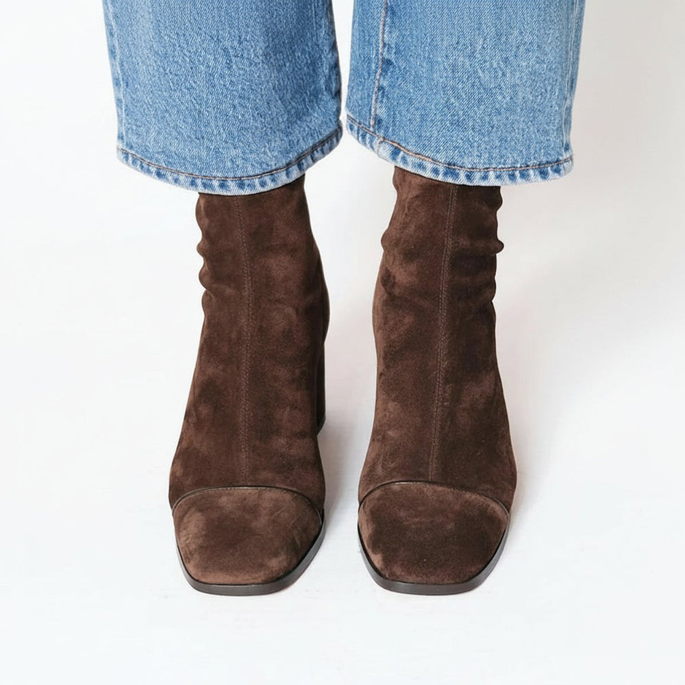 Women's Dark Brown Suede Square Toe Block Heel Ankle Boots, view 2