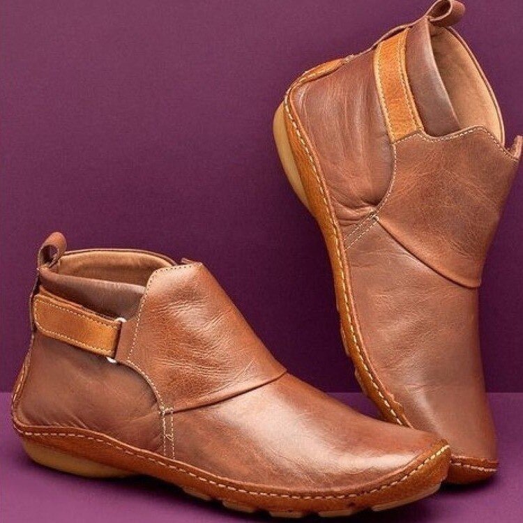 Women's Handstitched Leather Flat Ankle Boots with Adjustable Strap in Caramel Brown
