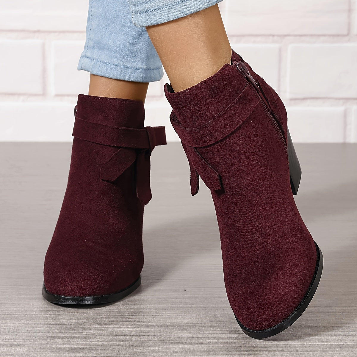 Women's Pointed Toe Ankle Boots with Rear Bow and Block Heel in Red