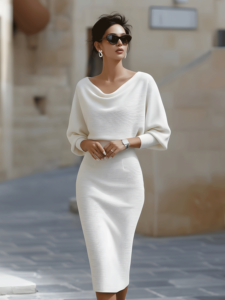 Women's Draped Batwing Sleeve Knit Midi Dress with Cowl Neck, view 4