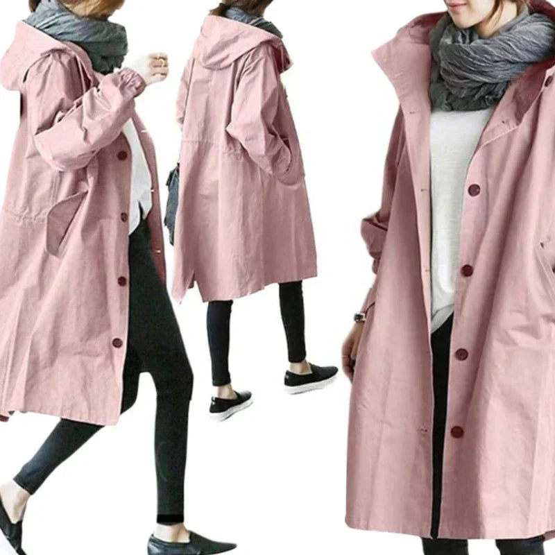 Women's Water-Resistant Button-Front Anorak with Drawstring Waist in Pink