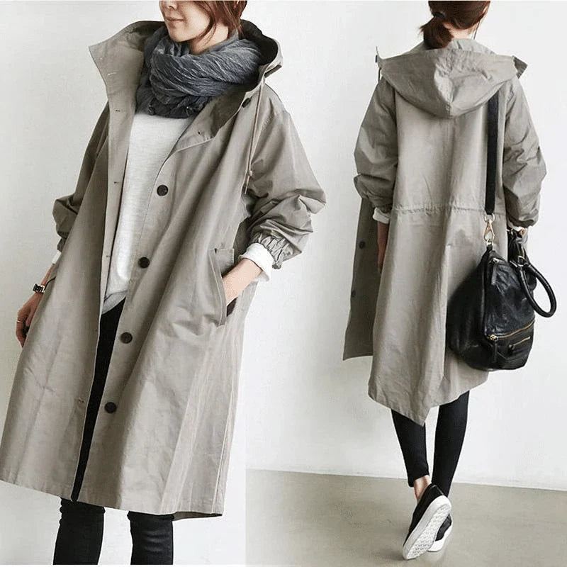 Women's Water-Resistant Button-Front Anorak with Drawstring Waist in Light Gray