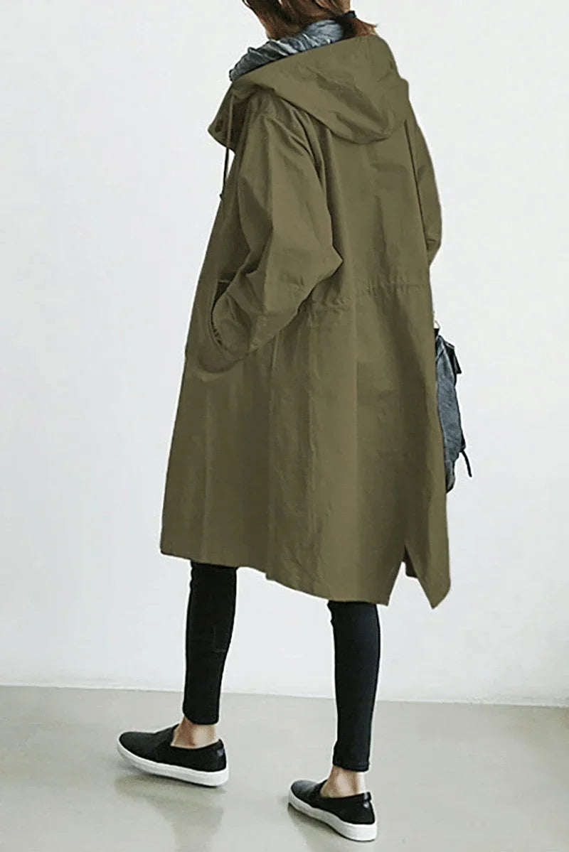 Women's Water-Resistant Button-Front Anorak with Drawstring Waist in Olive Green