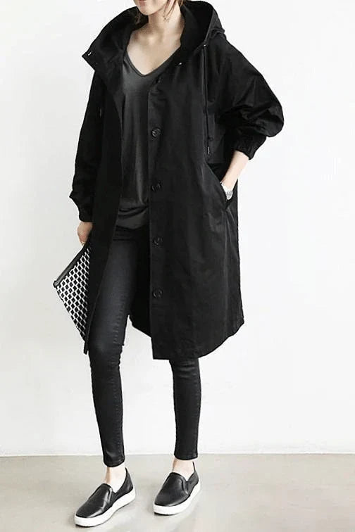 Women's Water-Resistant Button-Front Anorak with Drawstring Waist in Black
