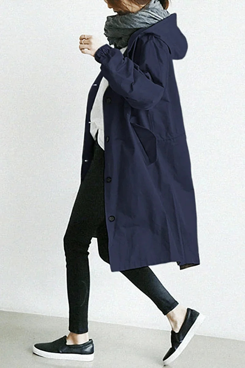 Women's Water-Resistant Button-Front Anorak with Drawstring Waist in Navy Blue