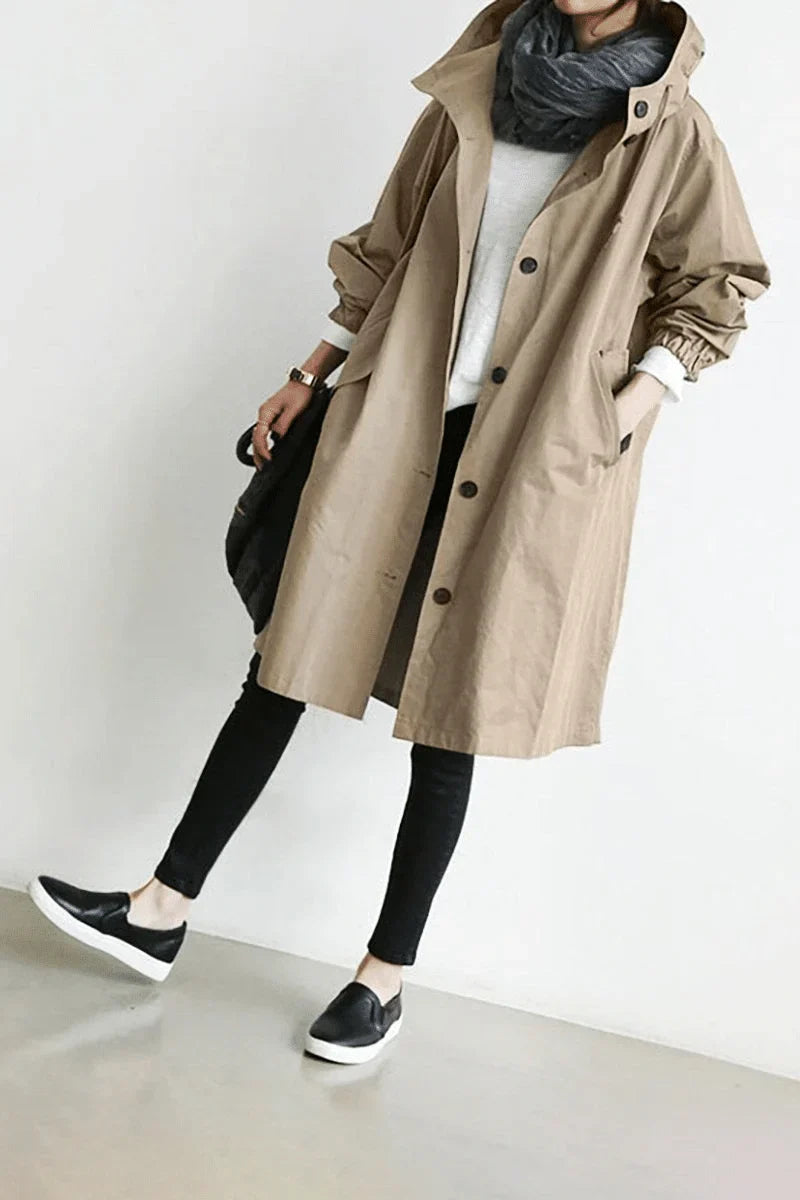 Women's Water-Resistant Button-Front Anorak with Drawstring Waist in Khaki