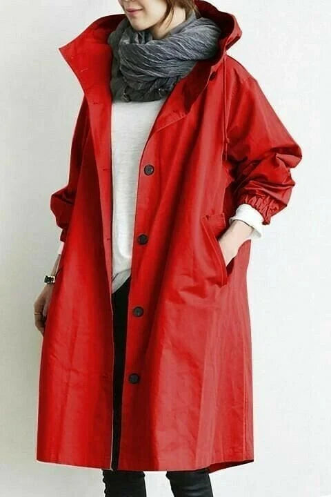 Women's Water-Resistant Button-Front Anorak with Drawstring Waist in Red