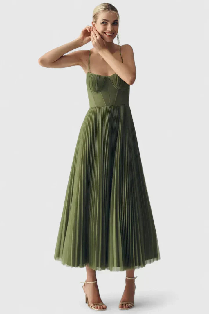 Women's Green Sweetheart Corset Midi Dress with Pleated Skirt, view 3