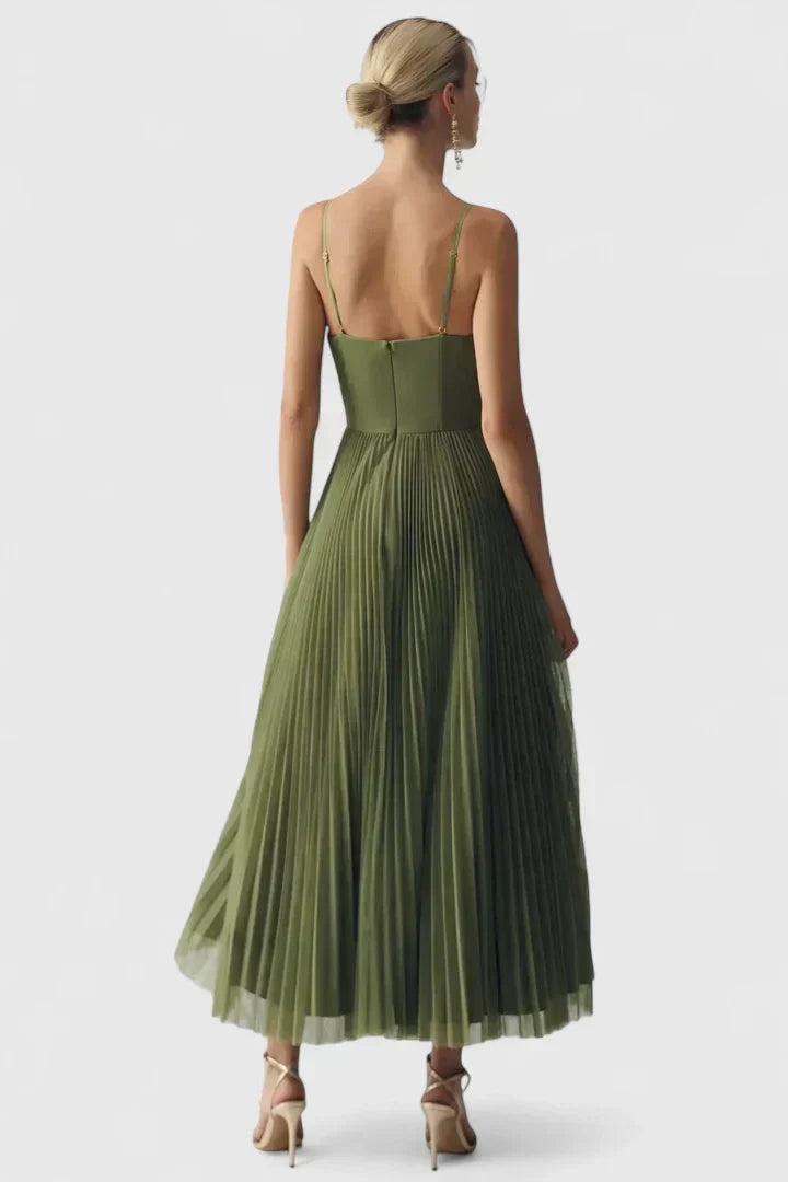 Women's Green Sweetheart Corset Midi Dress with Pleated Skirt, view 4