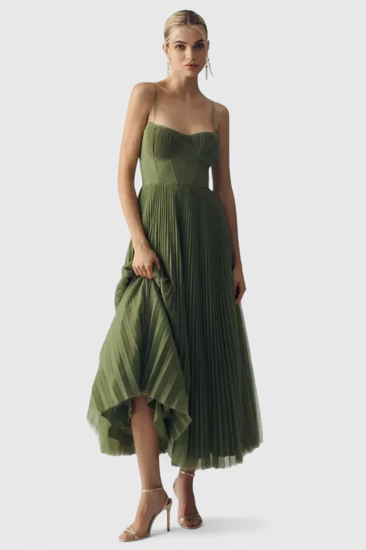 Women's Green Sweetheart Corset Midi Dress with Pleated Skirt