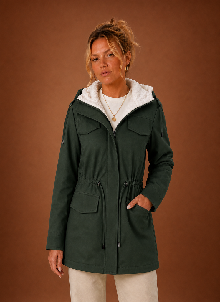 Women's Long Fleece-Lined Hooded Winter Parka in Forest Green