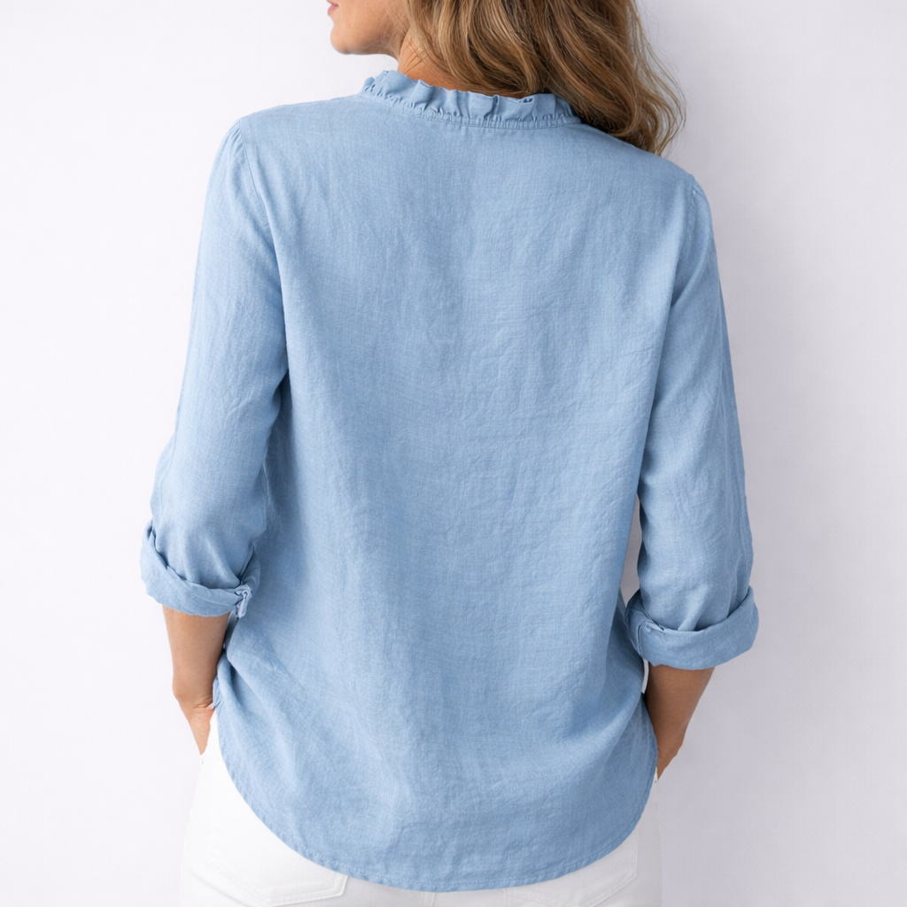 Women's Cotton-Linen Ruffled V-Neck Shirt with Hi-Low Hem, view 3