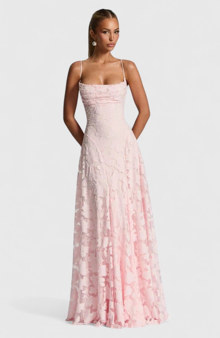 Women's Cowl Neck Maxi Dress with Lace-Up Open Back in Rose