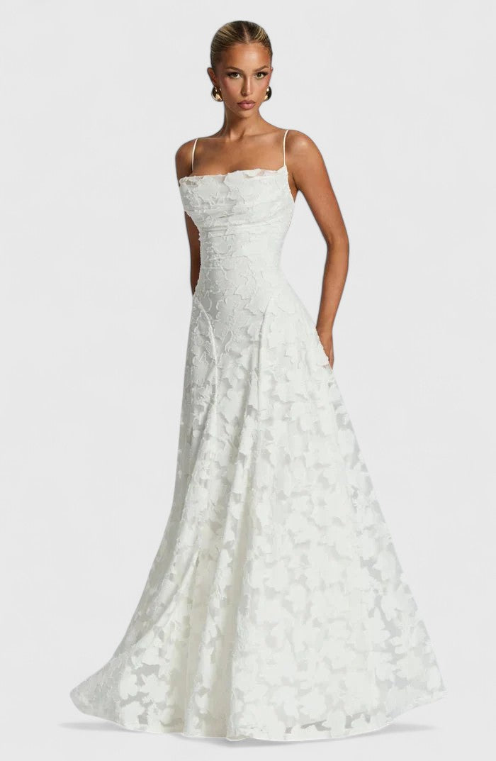 Women's Cowl Neck Maxi Dress with Lace-Up Open Back in Ivory