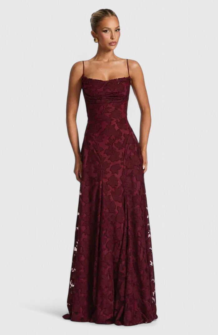 Women's Cowl Neck Maxi Dress with Lace-Up Open Back in Cherry