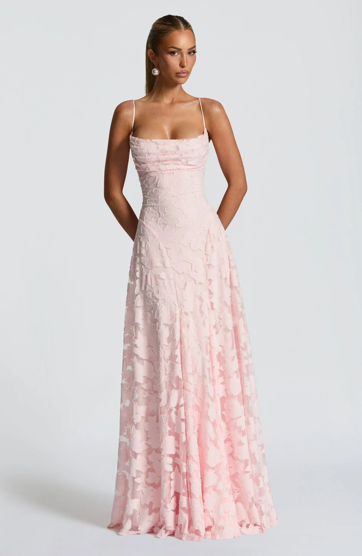 Women's Elegant Draped Maxi Evening Dress in Pink