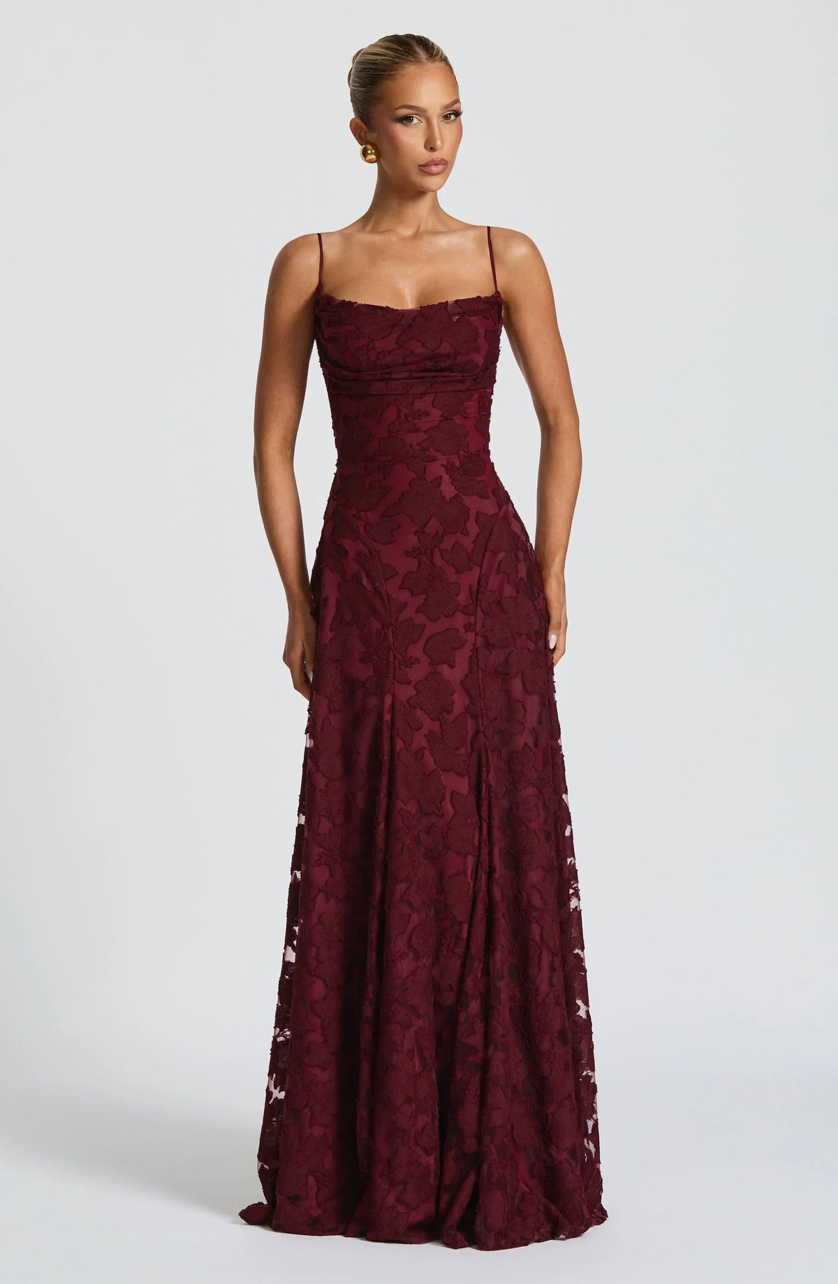 Women's Elegant Draped Maxi Evening Dress in Cherry