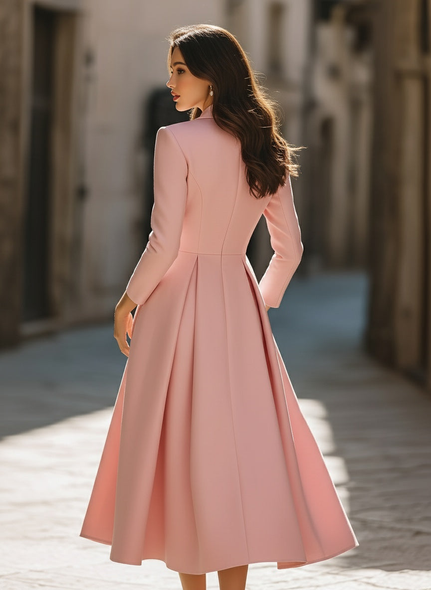 Women's Pink Pleated Blazer Midi Dress with Notched Collar, view 5