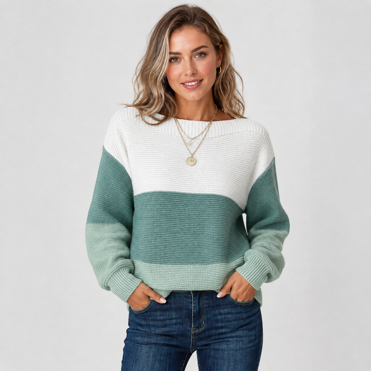 Women's Off-Shoulder Color Block Knit Sweater in Green