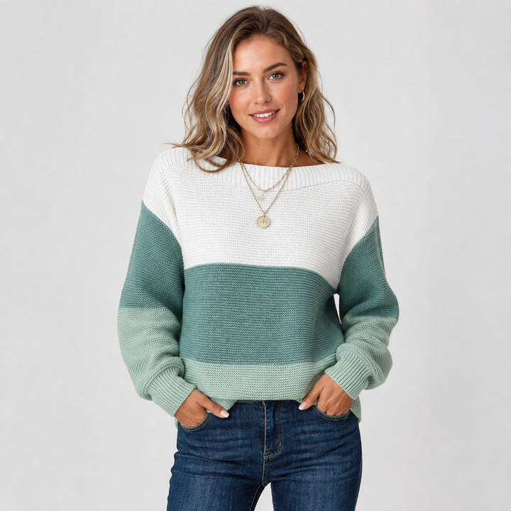 Women's Off Shoulder Sweater, Color Block Knit Pullover