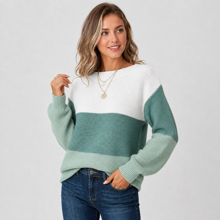 Women's Off Shoulder Sweater, Color Block Knit Pullover