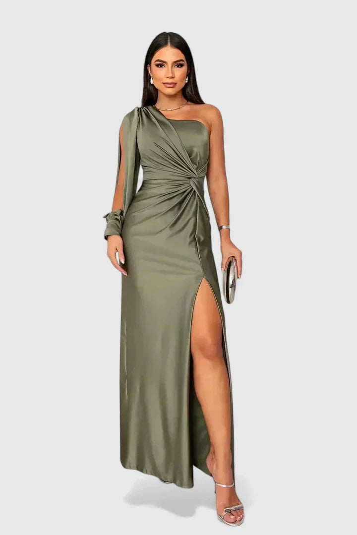 Women's One-Shoulder Maxi Gown with Open Sleeve and Slit in Green