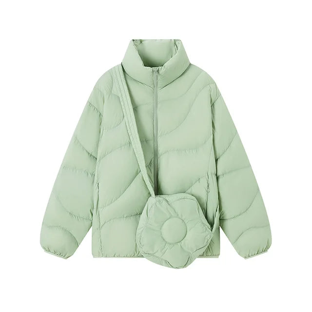 Women's Packable Lightweight Puffer Jacket with Classic Collar in Green