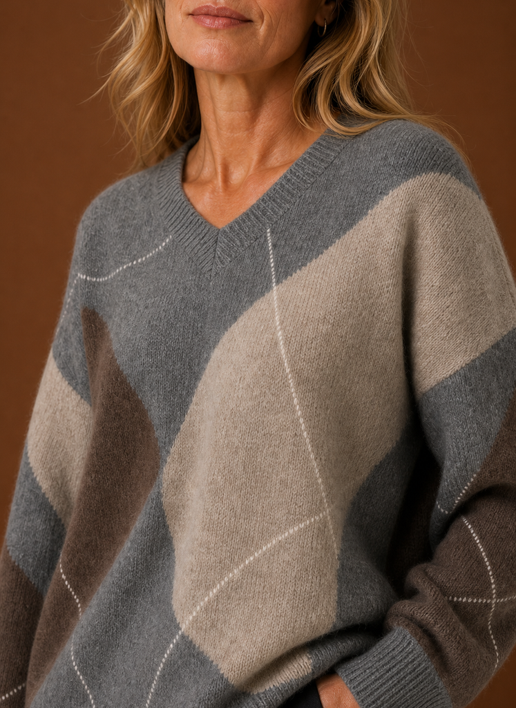Women's Gray Oversized Argyle Knit Sweater, view 2