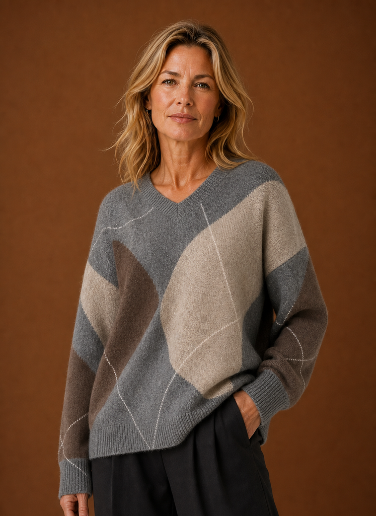 Women's Oversized Argyle Sweater, Vintage Knit Pullover